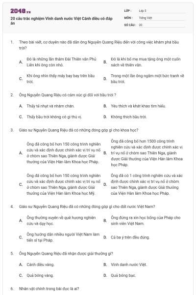 20 câu trắc nghiệm Vinh danh nước Việt Cánh diều có đáp án