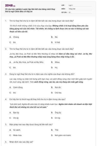 20 câu trắc nghiệm Luyện tập liên kết câu bằng cách thay thế từ ngữ Cánh diều có đáp án