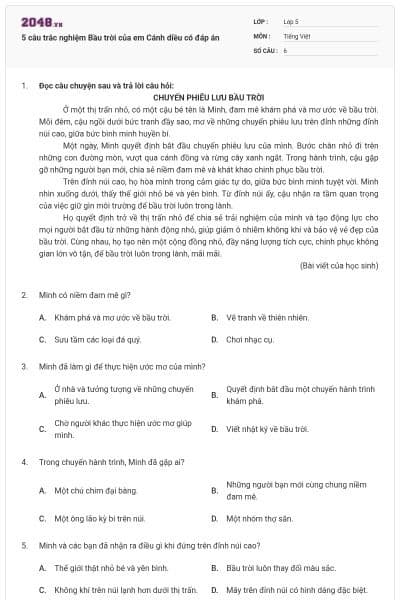 5 câu trắc nghiệm Bầu trời của em Cánh diều có đáp án