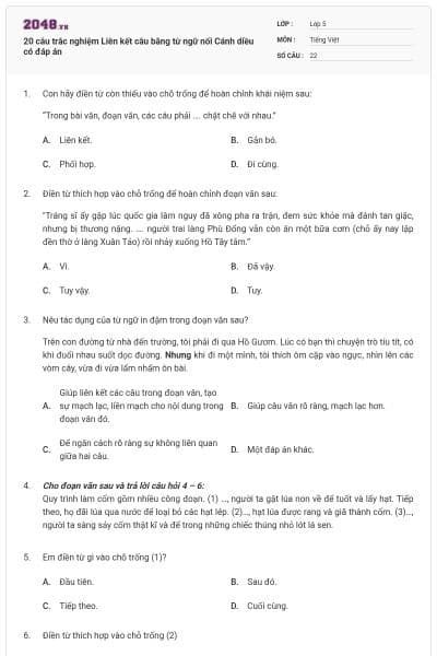 20 câu trắc nghiệm Liên kết câu bằng từ ngữ nối Cánh diều có đáp án