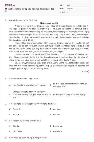 15 câu trắc nghiệm Ôn tập cuối năm học Cánh diều có đáp án