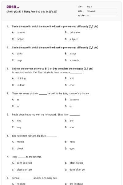 Đề thi giữa kì 1 Tiếng Anh 6 có đáp án (Đề 25)