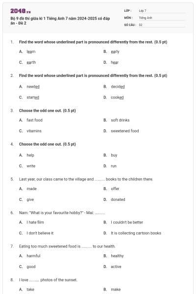 Bộ 9 đề thi giữa kì 1 Tiếng Anh 7 năm 2024-2025 có đáp án - Đề 2