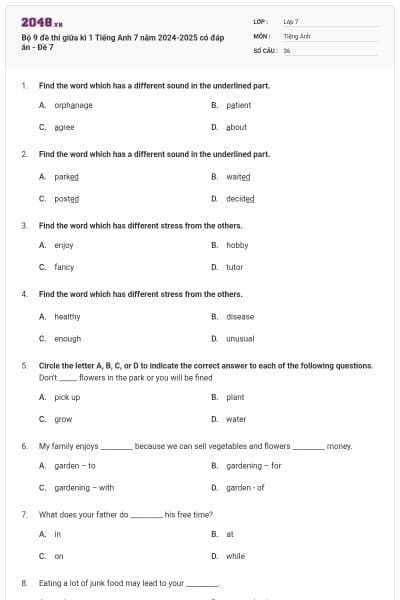 Bộ 9 đề thi giữa kì 1 Tiếng Anh 7 năm 2024-2025 có đáp án - Đề 7