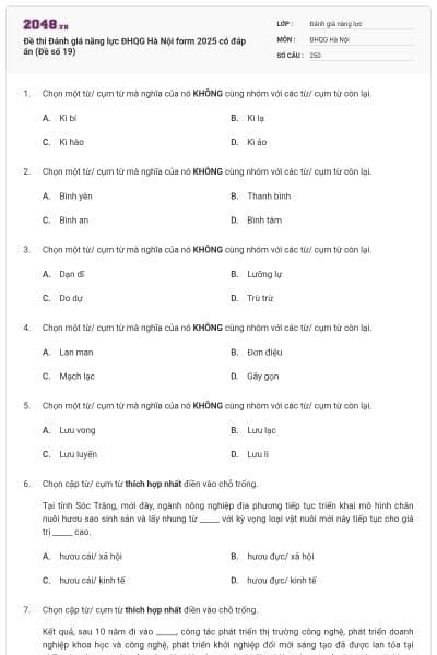 Đề thi Đánh giá năng lực ĐHQG Hà Nội form 2025 có đáp án (Đề số 19)