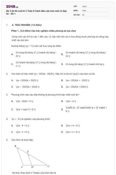 Bộ 5 đề thi cuối kì 2 Toán 8 Cánh diều cấu trúc mới có đáp án - Đề 1