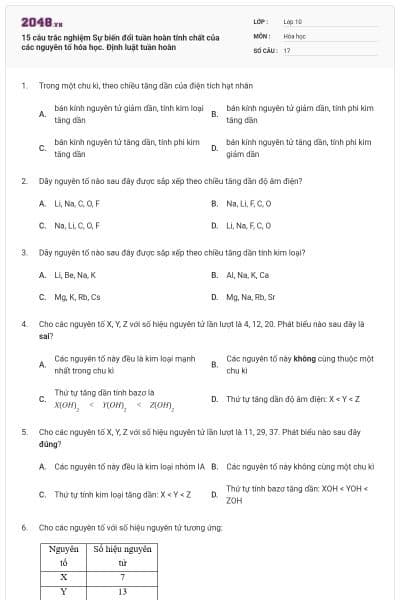 15 câu trắc nghiệm Sự biến đổi tuần hoàn tính chất của các nguyên tố hóa học. Định luật tuần hoàn