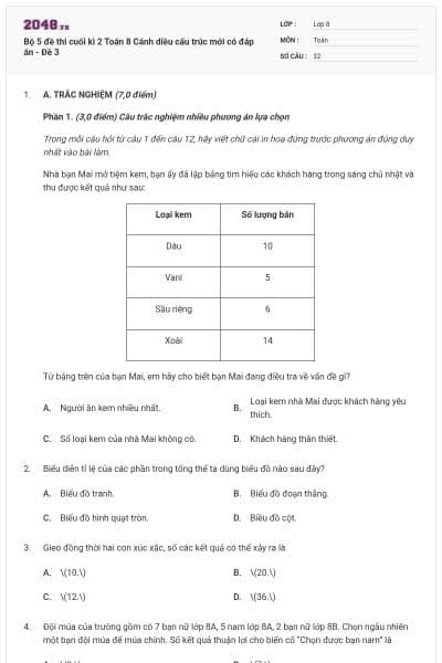 Bộ 5 đề thi cuối kì 2 Toán 8 Cánh diều cấu trúc mới có đáp án - Đề 3