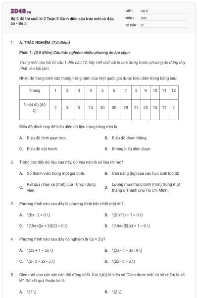 Bộ 5 đề thi cuối kì 2 Toán 8 Cánh diều cấu trúc mới có đáp án - Đề 5