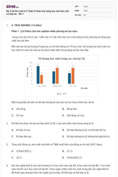 Bộ 5 đề thi cuối kì 2 Toán 8 Chân trời sáng tạo cấu trúc mới có đáp án - Đề 1