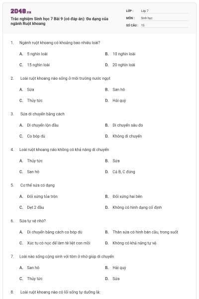 Trắc nghiệm Sinh học 7 Bài 9 (có đáp án): Đa dạng của ngành Ruột khoang