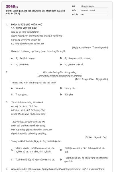Đề thi Đánh giá năng lực ĐHQG Hồ Chí Minh năm 2025 có đáp án (Đề 7)