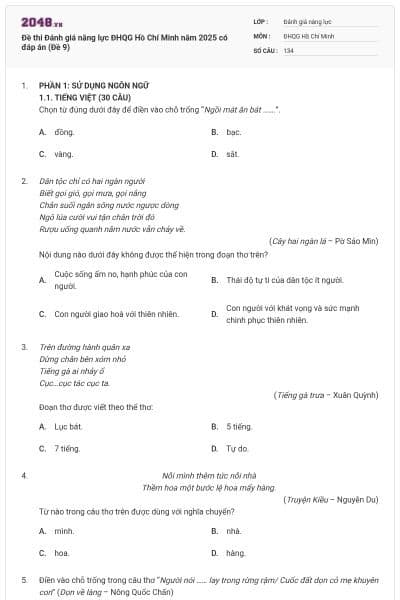 Đề thi Đánh giá năng lực ĐHQG Hồ Chí Minh năm 2025 có đáp án (Đề 9)