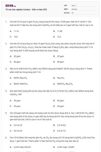 70 câu trắc nghiệm Cacbon - Silic cơ bản (P2)