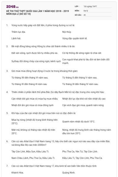 ĐỀ THI THỬ THPT QUỐC GIA LẦN 1 NĂM HỌC 2018 - 2019 MÔN ĐỊA LÍ (ĐẾ SỐ 10)
