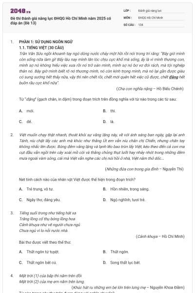 Đề thi Đánh giá năng lực ĐHQG Hồ Chí Minh năm 2025 có đáp án (Đề 13)