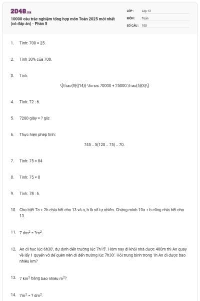10000 câu trắc nghiệm tổng hợp môn Toán 2025 mới nhất (có đáp án) - Phần 5