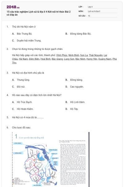 15 câu trắc nghiệm Lịch sử & Địa lí 4 Kết nối tri thức Bài 2 có đáp án