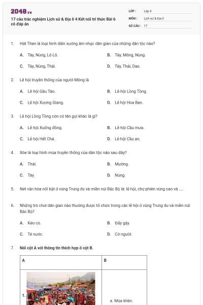 17 câu trắc nghiệm Lịch sử & Địa lí 4 Kết nối tri thức Bài 6 có đáp án