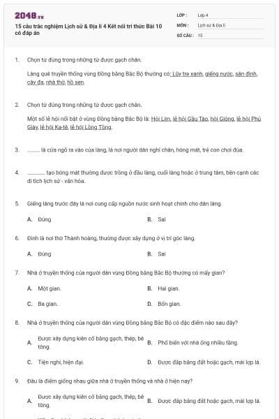15 câu trắc nghiệm Lịch sử & Địa lí 4 Kết nối tri thức Bài 10 có đáp án