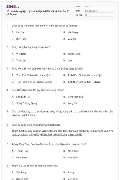 15 câu trắc nghiệm Lịch sử & Địa lí 4 Kết nối tri thức Bài 11 có đáp án