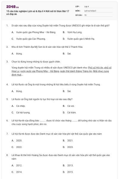 15 câu trắc nghiệm Lịch sử & Địa lí 4 Kết nối tri thức Bài 17 có đáp án