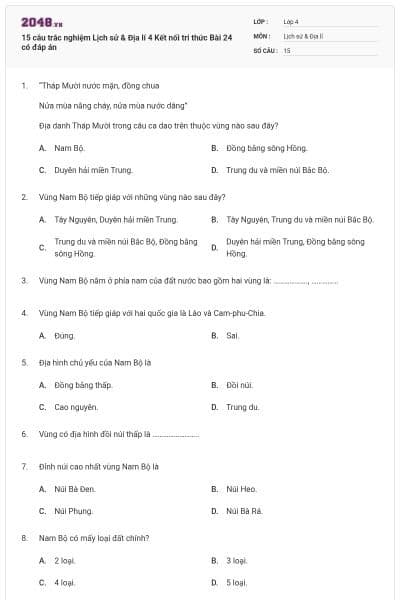 15 câu trắc nghiệm Lịch sử & Địa lí 4 Kết nối tri thức Bài 24 có đáp án