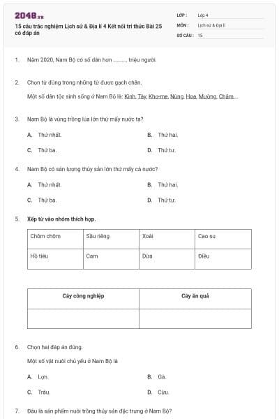 15 câu trắc nghiệm Lịch sử & Địa lí 4 Kết nối tri thức Bài 25 có đáp án