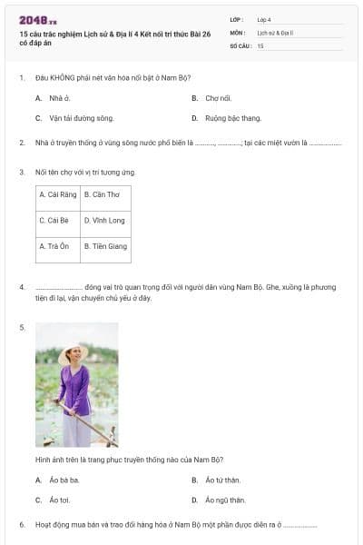15 câu trắc nghiệm Lịch sử & Địa lí 4 Kết nối tri thức Bài 26 có đáp án