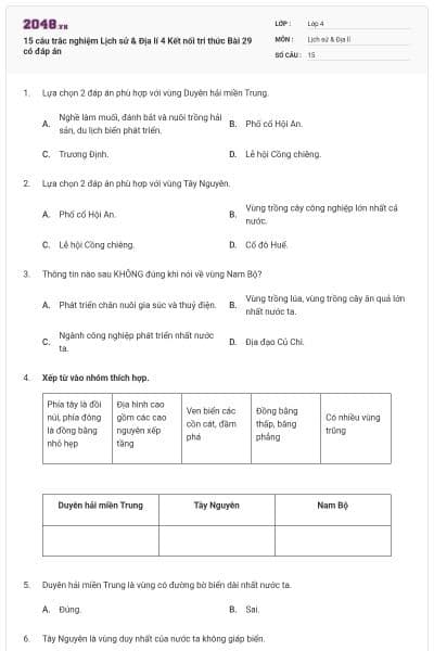 15 câu trắc nghiệm Lịch sử & Địa lí 4 Kết nối tri thức Bài 29 có đáp án