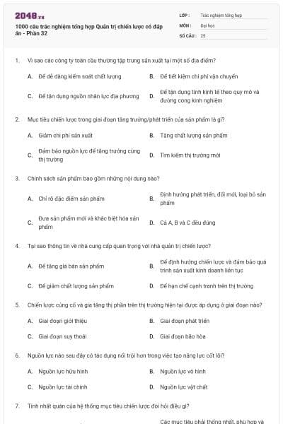 1000 câu trắc nghiệm tổng hợp Quản trị chiến lược có đáp án - Phần 32