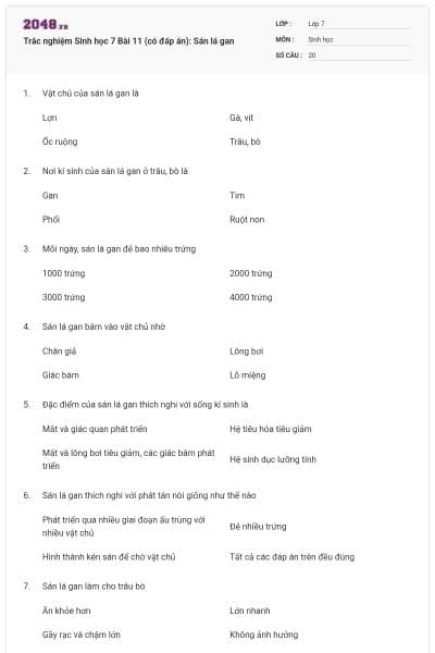 Trắc nghiệm Sinh học 7 Bài 11 (có đáp án): Sán lá gan