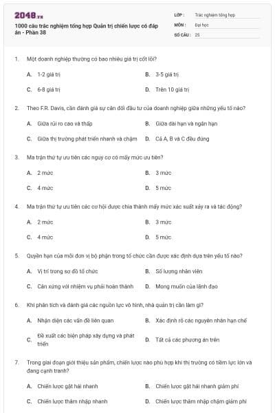 1000 câu trắc nghiệm tổng hợp Quản trị chiến lược có đáp án - Phần 38