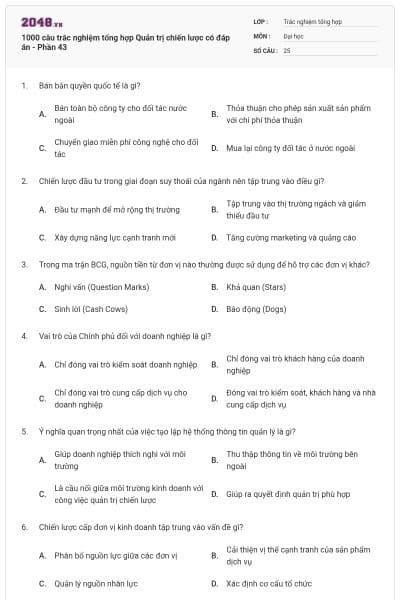 1000 câu trắc nghiệm tổng hợp Quản trị chiến lược có đáp án - Phần 43