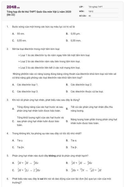 Tổng hợp đề thi thử THPT Quốc Gia môn Vật Lí năm 2020 (Đề 22)