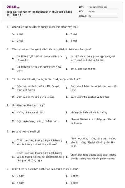 1000 câu trắc nghiệm tổng hợp Quản trị chiến lược có đáp án - Phần 44