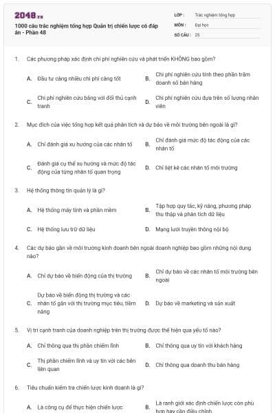 1000 câu trắc nghiệm tổng hợp Quản trị chiến lược có đáp án - Phần 48