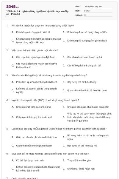 1000 câu trắc nghiệm tổng hợp Quản trị chiến lược có đáp án - Phần 50