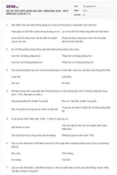 ĐỀ THI THỬ THPT QUỐC GIA LẦN 1 NĂM HỌC 2018 - 2019 MÔN ĐỊA LÍ (ĐẾ SỐ 11)