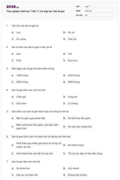 Trắc nghiệm Sinh học 7 Bài 11 (có đáp án): Sán lá gan