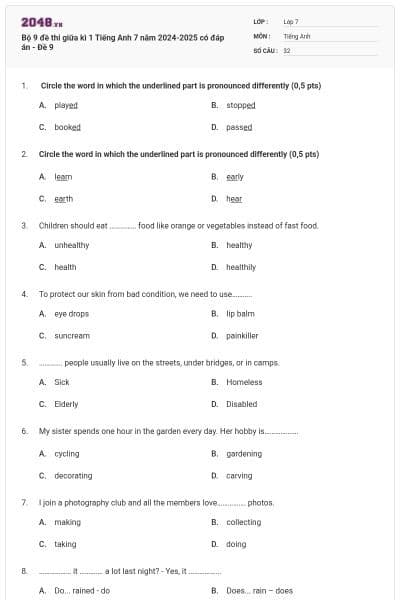 Bộ 9 đề thi giữa kì 1 Tiếng Anh 7 năm 2024-2025 có đáp án - Đề 9