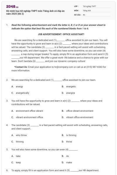 Đề minh họa tốt nghiệp THPT môn Tiếng Anh có đáp án năm 2025 (Đề 2)