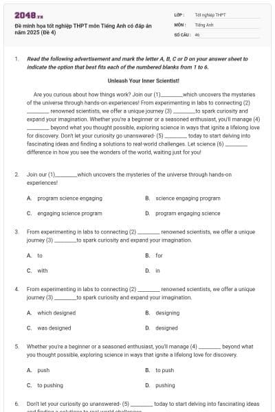 Đề minh họa tốt nghiệp THPT môn Tiếng Anh có đáp án năm 2025 (Đề 4)