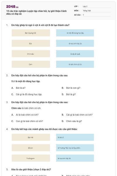 10 câu trắc nghiệm Luyện tập chào hỏi, tự giới thiệu Cánh diều có đáp án