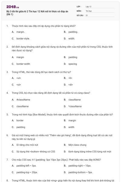 Bộ 3 đề thi giữa kì 2 Tin học 12 Kết nối tri thức có đáp án (Đề 1)