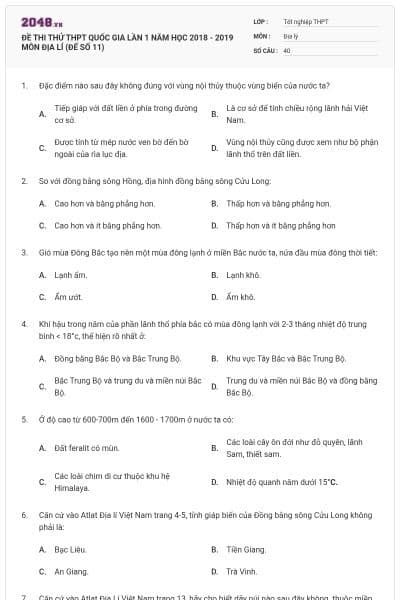 ĐỀ THI THỬ THPT QUỐC GIA LẦN 1 NĂM HỌC 2018 - 2019 MÔN ĐỊA LÍ (ĐẾ SỐ 11)
