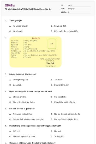 10 câu trắc nghiệm Viết tự thuật Cánh diều có đáp án