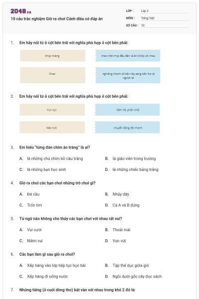 10 câu trắc nghiệm Giờ ra chơi Cánh diều có đáp án