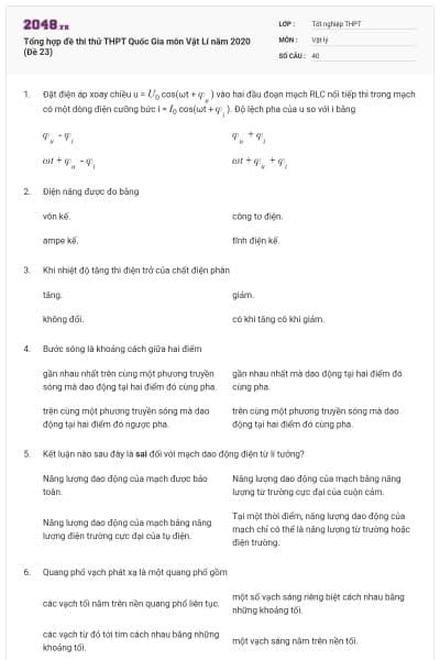 Tổng hợp đề thi thử THPT Quốc Gia môn Vật Lí năm 2020 (Đề 23)