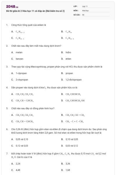 Đề thi giữa kì 2 Hóa học 11 có đáp án (Bài kiểm tra số 2)